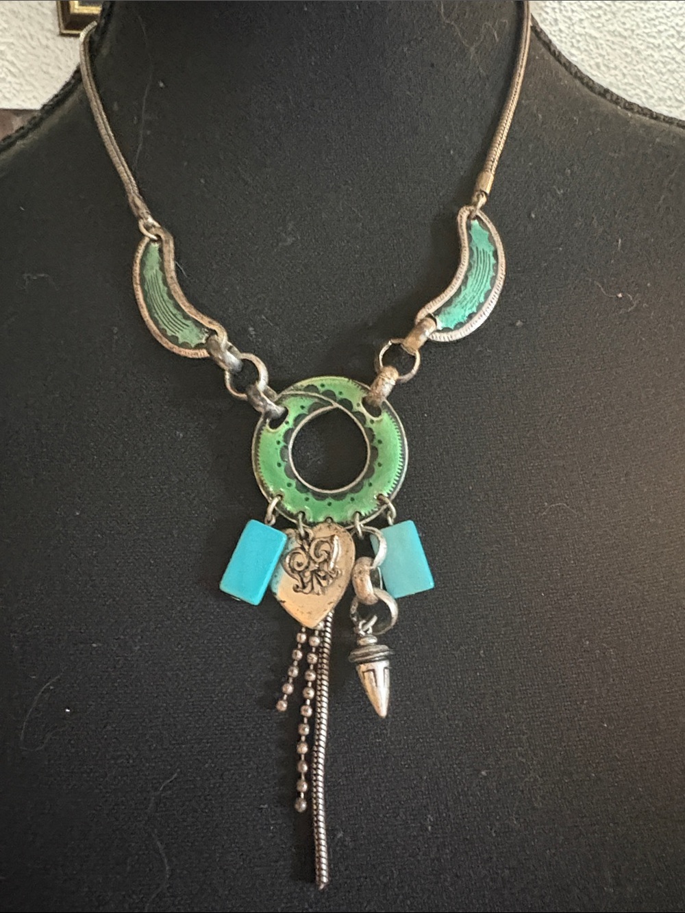 Green Enamel & Turquoise Accent Pendant Necklace